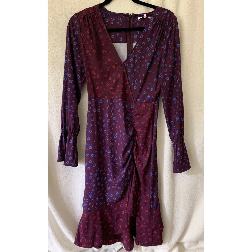 Parker NYC Noni Dress Size 2  Cobalt Leopard Print Faux Wrap Long Sleeve XS